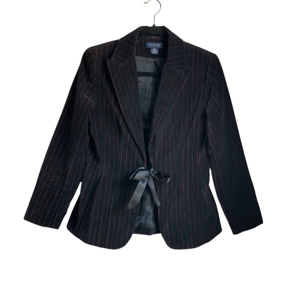 VTG Ann Taylor 4 P Black Pinstripe Red Velvet Blazer Jacket Bow Goth Whimsical - Picture 1 of 14